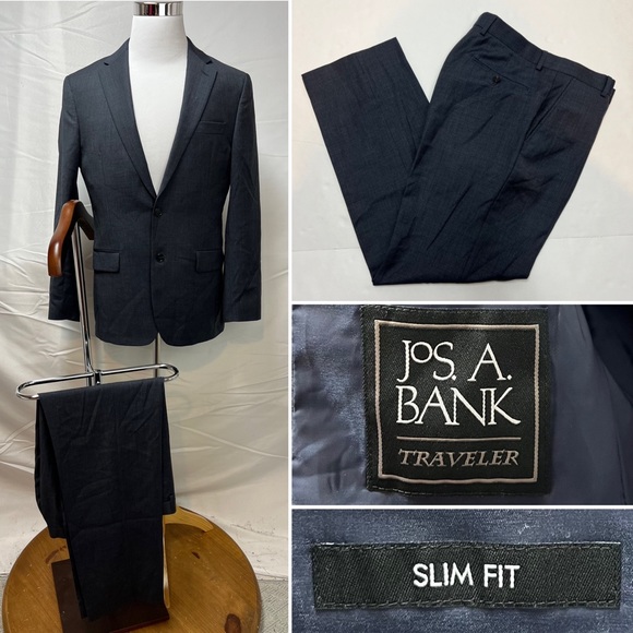 Jos. A. Bank Navy Slim Fit 2-Button Micro Plaid Mens 40R...